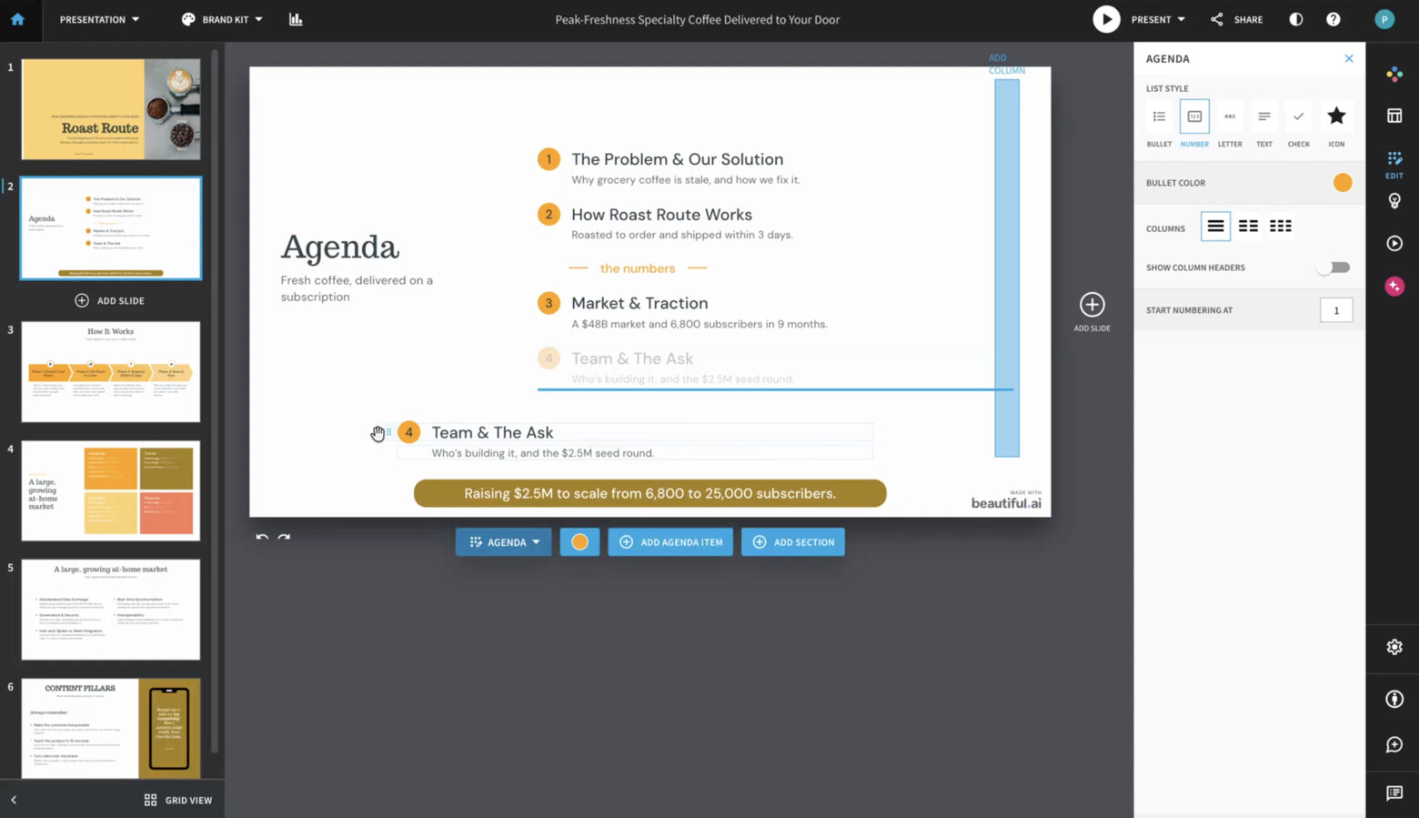 Beautiful.ai agenda slide showing fixed positions for moving an agenda item into the list or another column
