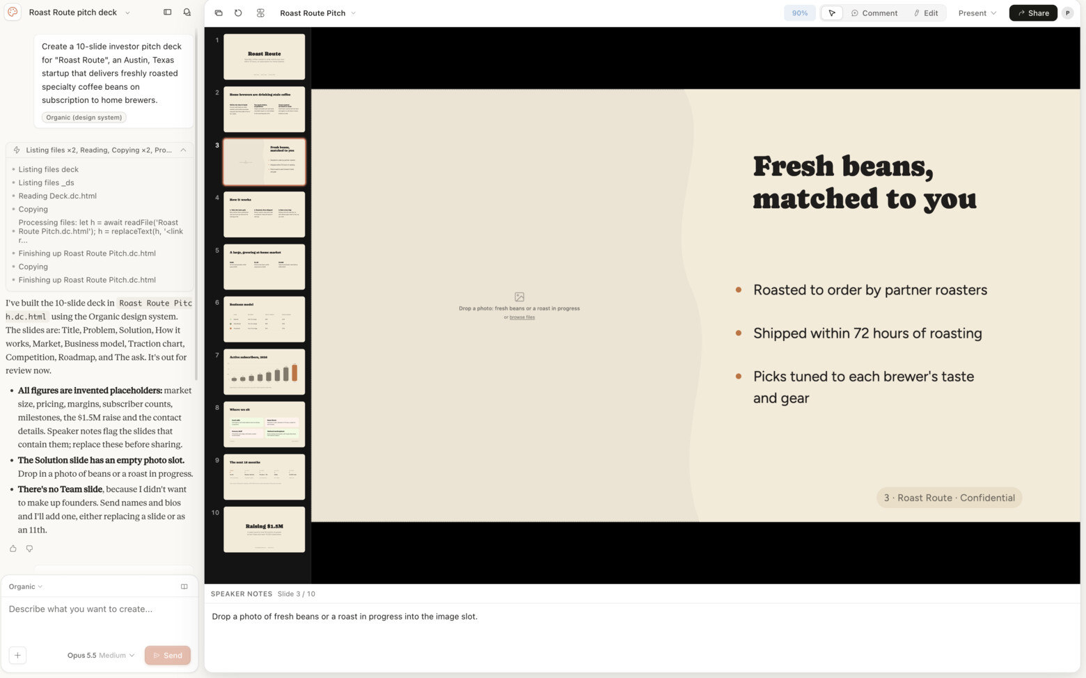 Claude Slides showing a coffee delivery slide with a photo placeholder left empty
