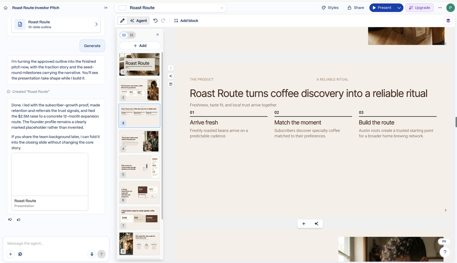 Gamma editor showing a coffee startup slide with three short columns and a large empty area