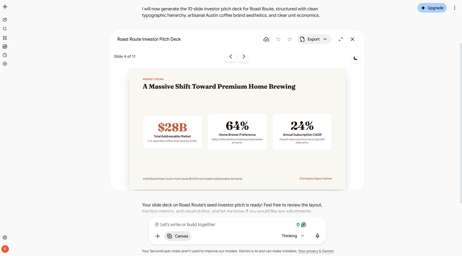 Gemini Canvas showing an investor pitch slide with market statistics and a chat field for requesting changes