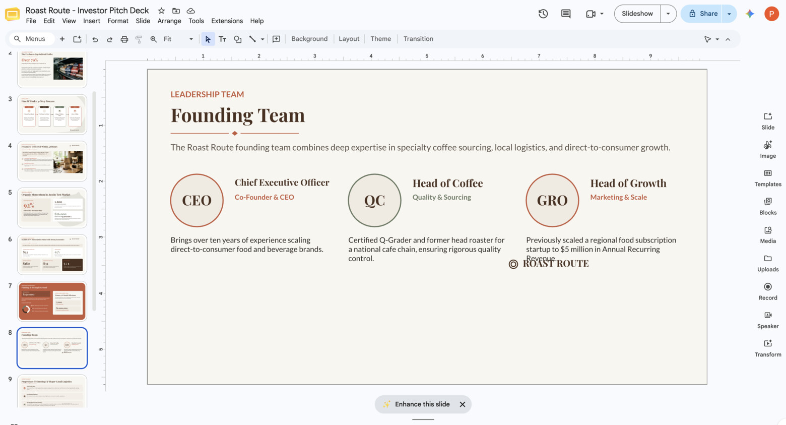 Google Slides showing an investor pitch with the Roast Route logo overlapping a founding team description