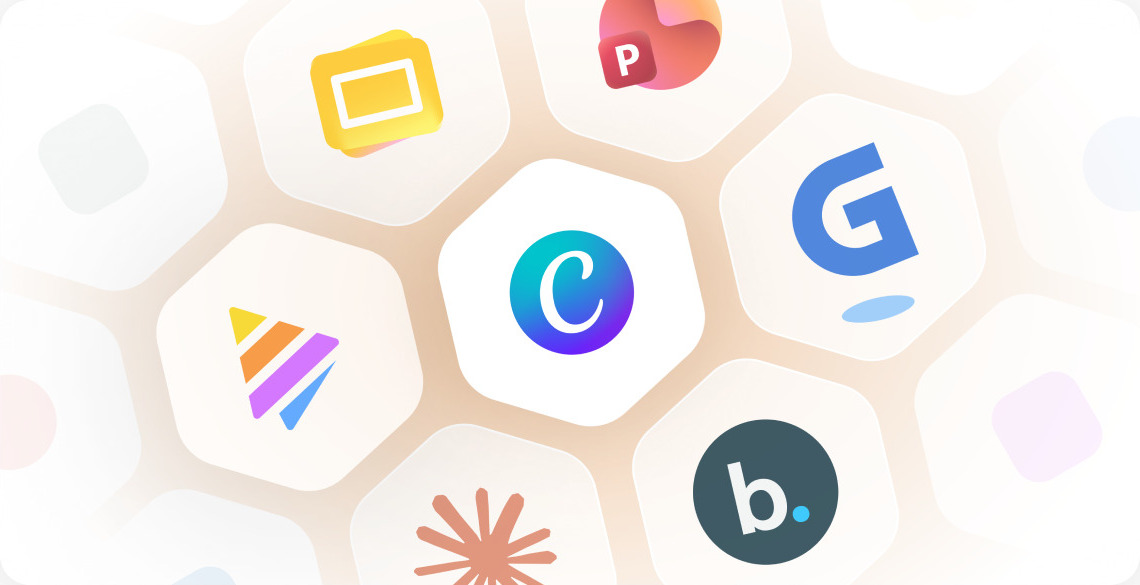 Canva surrounded by presentation tools including Gamma, Claude, Beautiful.ai, Google Slides and PowerPoint