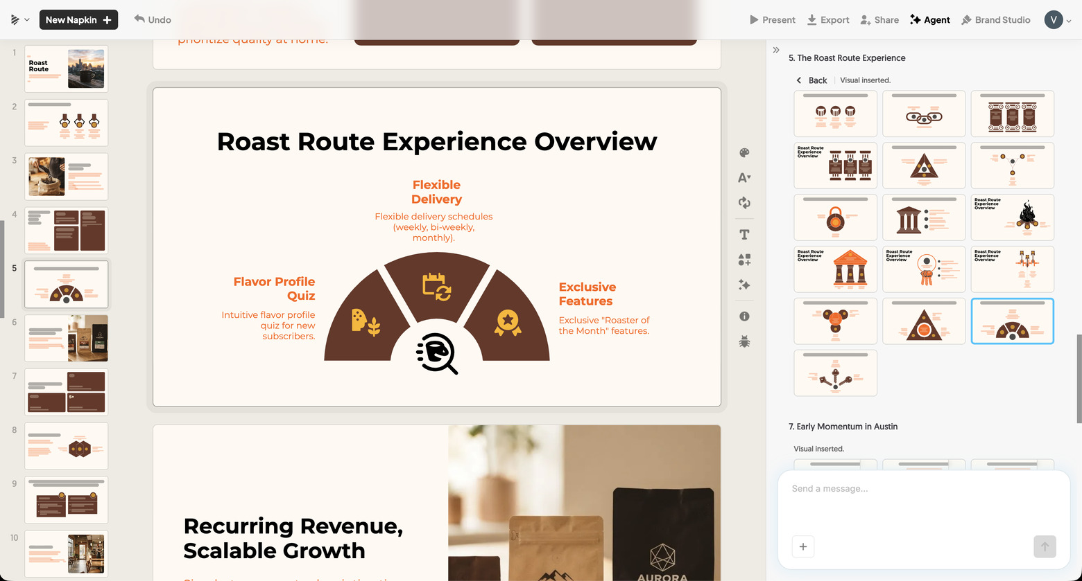 Napkin Slides showing the Roast Route Experience Overview slide with a coffee cup gauge and alternative layouts on the right