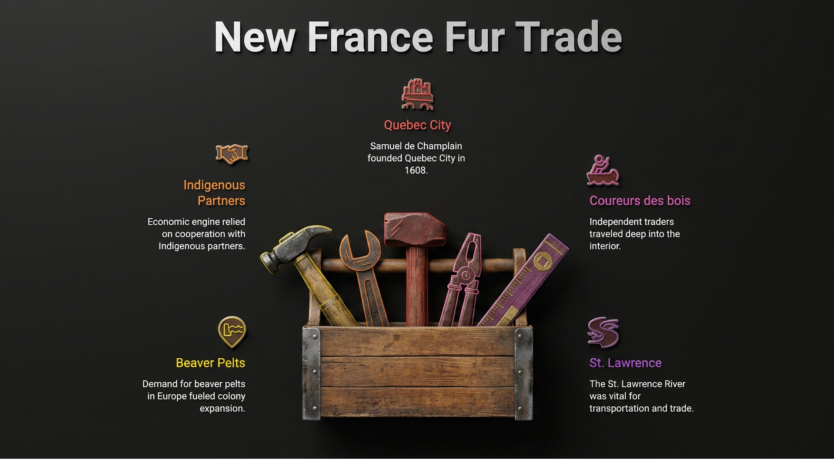 History lesson slide on the New France fur trade