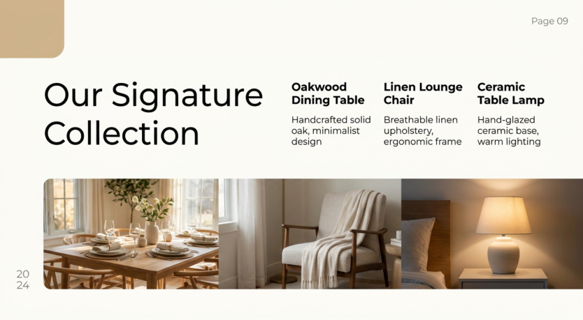Product catalog slide on a signature furniture collection